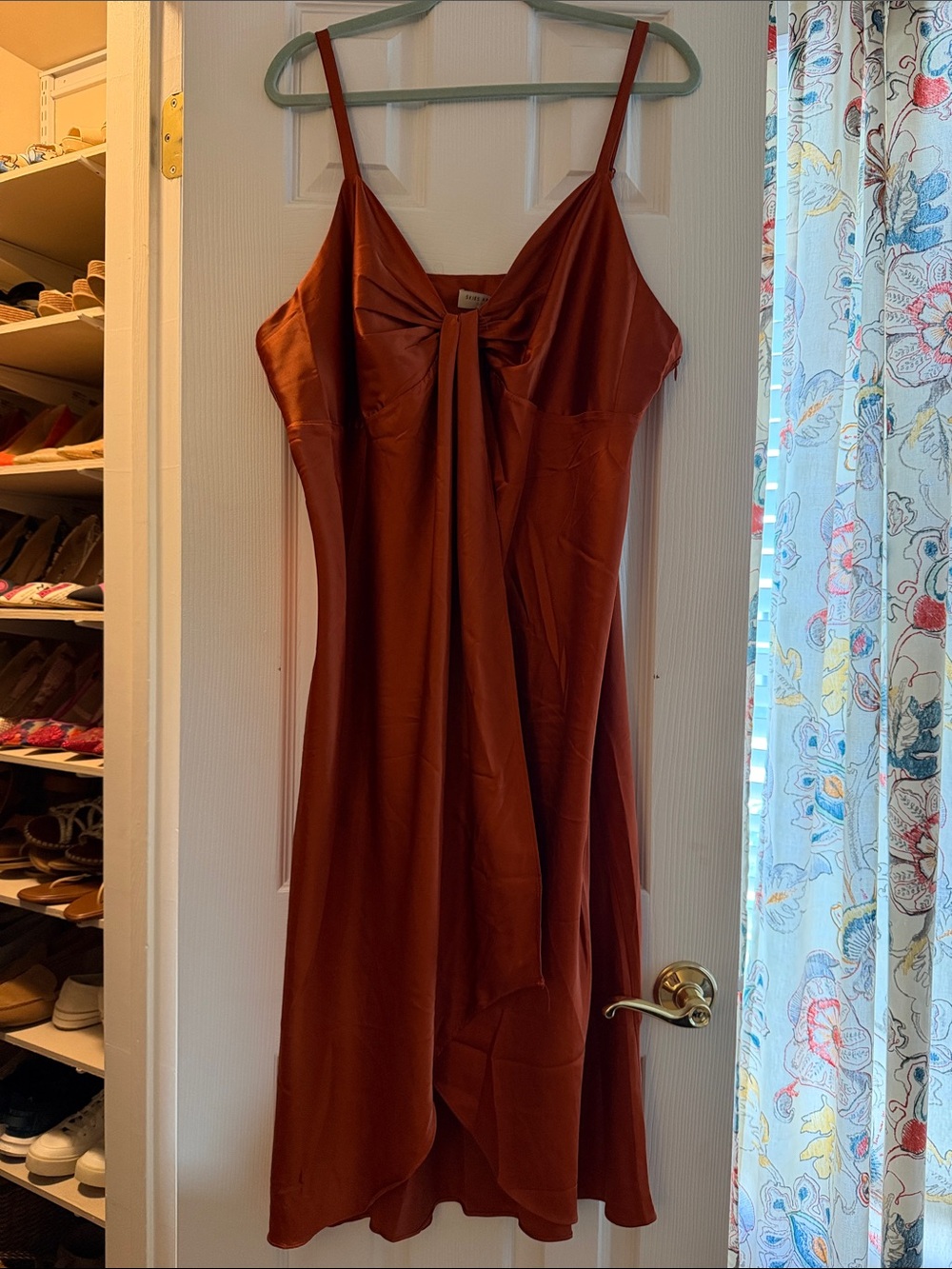 Skies Are Blue Rust-Brown Satin Midi Slip Dress with Front Tie